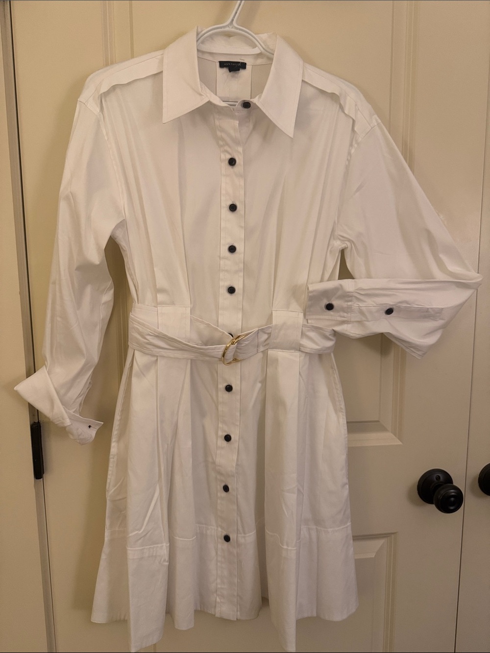 Ann Taylor White Long-Sleeve Shirt Dress with Belt